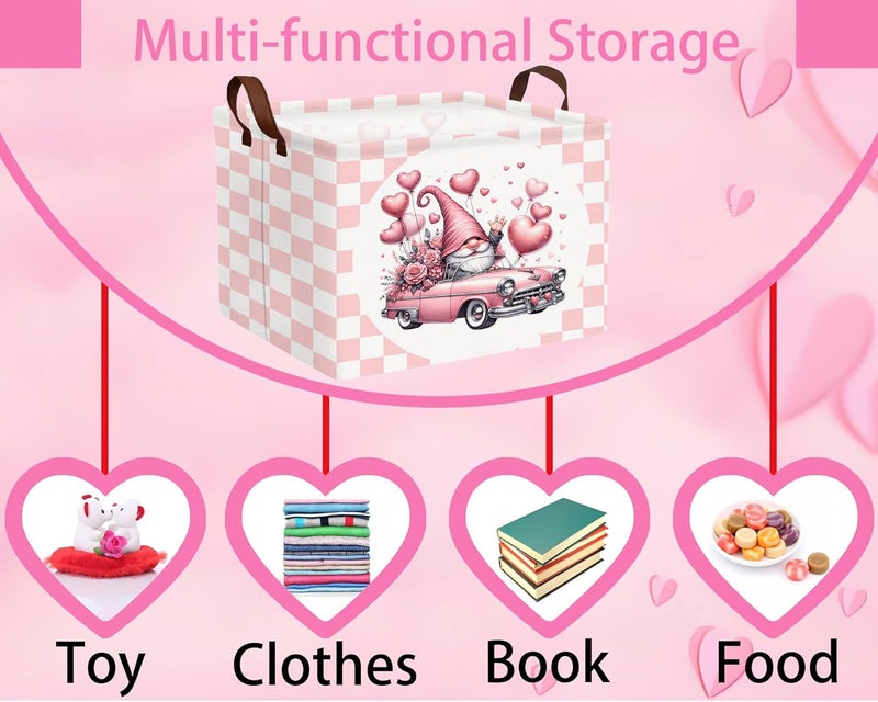 BOOHIT Valentines Day Basket Large Foldable Heart Shaped Storage Box for Gifts Kids Empty Storage Bins Rectangular Toy Organizer Decor (Pink Gnome Car) - Image 4